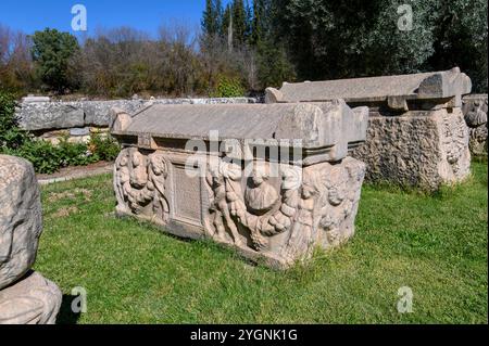 Ancient Roman and Greek sarcophagus discovered during the excavations of the ancient city of Aphrodisias in Turkey. The city was dedicated to the godd Stock Photo