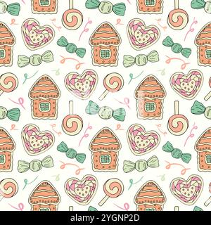 Colorful candies, gingerbread houses, festive seamless pattern. Background with sweets in bright colored wrappers for Christmas wrapping paper, birthd Stock Vector