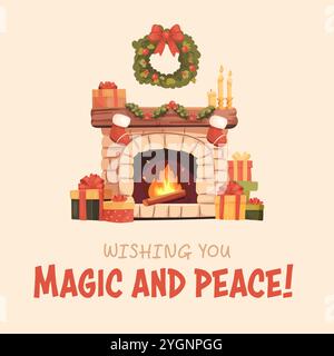 Mantel with socks and gifts greeting card in cartoon style, Christmas. Cozy vector Stock Vector