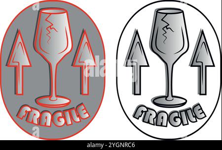 Two stickers with fragile symbol showing broken wineglass and upward arrows, concept of careful handling during transport Stock Vector