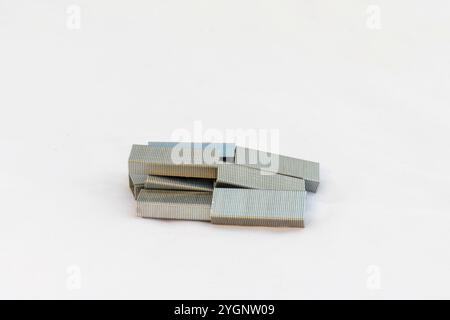 Metal staples isolated on a white background with copy space. Stock Photo