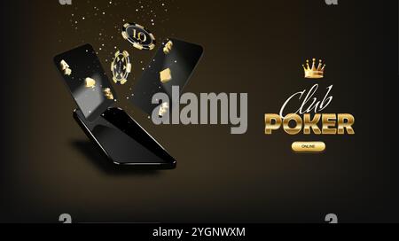 Poker tournament. Vector illustration. Four playing cards with gambling chips on velvet fabric background. Casino banner concept Stock Vector