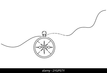 One continuous line drawing of traveler compass. Old navigate and adventure symbol in simple linear style. Business strategy and adventure concept Stock Vector
