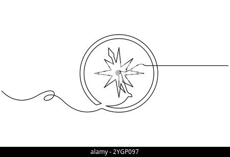 One continuous line drawing of traveler compass. Old navigate and adventure symbol in simple linear style. Business strategy and adventure concept Stock Vector