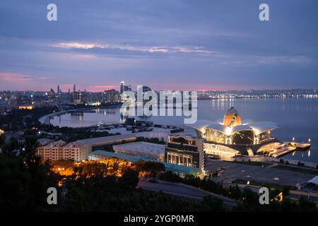 Baku, Azerbaijan. View looking towards Crescent City, with the Denis Mall in the foreground, at Dawn.  Baku is located on the western shore of the Caspian Sea Stock Photo