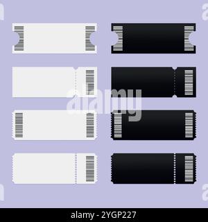 Abstract blank tickets or coupons in black and white colors. Ticket templates in different shapes with barcode. Vector illustration Stock Vector