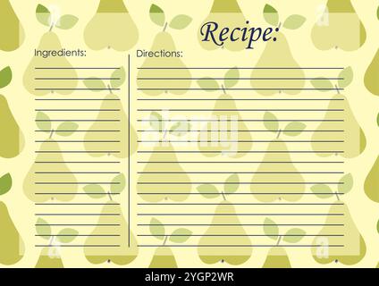 Recipe card template - fruits pastry. Juicy pears bakery cooking list. Cartoon recipe card template illustration. Cute retro kitchen recipe card. Hand Stock Vector