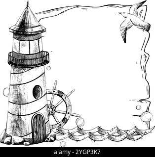 The sea lighthouse is striped with a steering wheel flying a seagull, waves and bubbles of water. Graphic linear drawing, hand drawn in black and Stock Vector