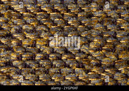 close up macro detail of woven chenille cloth in yellow, gray and dark purple tones with shallow depth of field Stock Photo