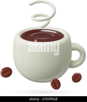 Coffee cup with flying beans 3d emoji. Cute white mug with black hot espresso or americano three dimensional realistic vector illustration isolated on Stock Vector