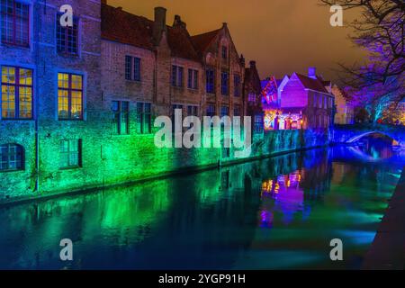 Belgium, Bruges, Christmas light over Groenerei canal Stock Photo