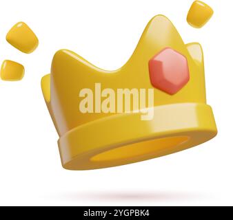 3d gold shining crown emoji with a red gemstone. Cute winner prize or award vector illustration isolated on white background. Stock Vector