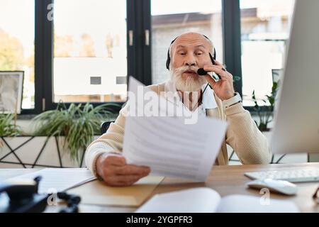 A senior businessman wearing smart casual clothes is actively participating in a conference call, reviewing documents. Stock Photo