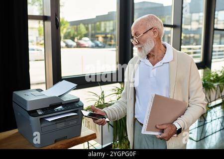 A well-dressed senior businessman operates a printer in his stylish office space while managing paperwork. Stock Photo