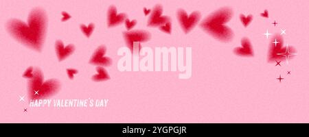 Valentines day background or banner with blowing or flying hearts on a pink background with a grainy texture. Happy Valentines day text. Copy space Stock Vector