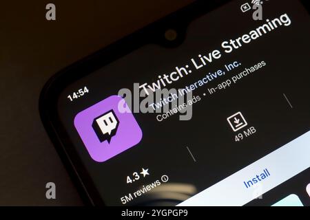 November 8, 2024, Brazil. In this photo illustration, the Twitch: Live Streaming app logo is displayed on a smartphone screen Stock Photo