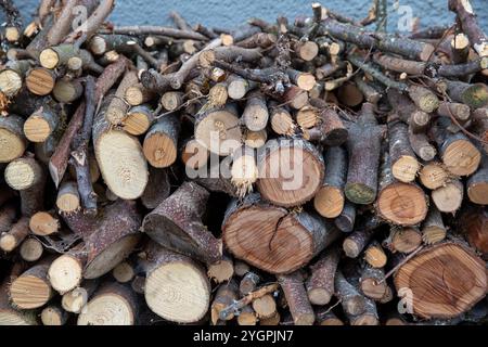 Stacked Firewood Storage Outside House for Winter Heating and Rustic Home Decor Stock Photo