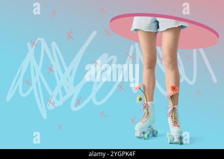 Legs of beautiful young woman in vintage roller skates and with flowers on light blue background Stock Photo