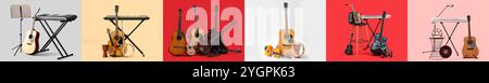 Set of different musical instruments on color background Stock Photo