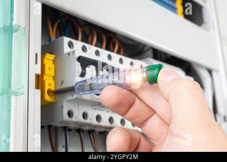 Hand Testing Circuit Breaker with Voltage Tester Stock Photo