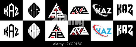 KAZ letter logo design in six style. KAZ polygon, circle, triangle, hexagon, flat and simple style with black and white color variation letter logo Stock Vector
