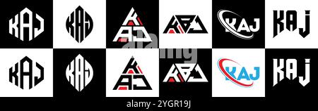 KAJ letter logo design in six style. KAJ polygon, circle, triangle, hexagon, flat and simple style with black and white color variation letter logo se Stock Vector