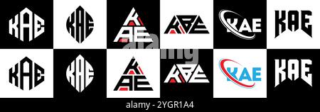 KAE letter logo design in six style. KAE polygon, circle, triangle, hexagon, flat and simple style with black and white color variation letter logo se Stock Vector