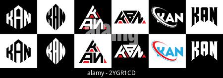 KAN letter logo design in six style. KAN polygon, circle, triangle, hexagon, flat and simple style with black and white color variation letter logo se Stock Vector