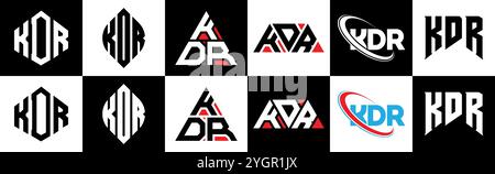 KDR letter logo design in six style. KDR polygon, circle, triangle, hexagon, flat and simple style with black and white color variation letter logo se Stock Vector