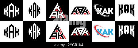 KAK letter logo design in six style. KAK polygon, circle, triangle, hexagon, flat and simple style with black and white color variation letter logo se Stock Vector