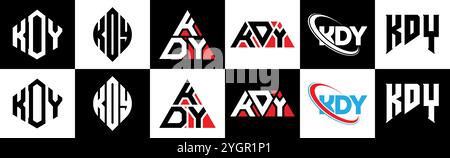 KDY letter logo design in six style. KDY polygon, circle, triangle, hexagon, flat and simple style with black and white color variation letter logo se Stock Vector