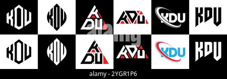 KDU letter logo design in six style. KDU polygon, circle, triangle, hexagon, flat and simple style with black and white color variation letter logo se Stock Vector