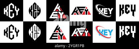 KEY letter logo design in six style. KEY polygon, circle, triangle, hexagon, flat and simple style with black and white color variation letter logo se Stock Vector