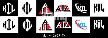 KIL letter logo design in six style. KIL polygon, circle, triangle, hexagon, flat and simple style with black and white color variation letter logo se Stock Vector