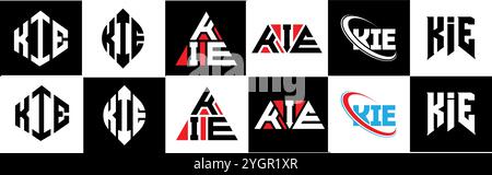 KIE letter logo design in six style. KIE polygon, circle, triangle, hexagon, flat and simple style with black and white color variation letter logo se Stock Vector