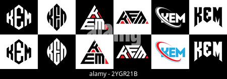 KEM letter logo design in six style. KEM polygon, circle, triangle, hexagon, flat and simple style with black and white color variation letter logo se Stock Vector