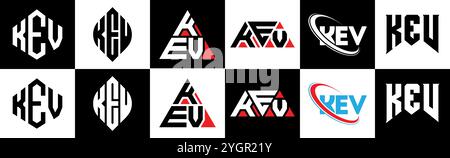 KEV letter logo design in six style. KEV polygon, circle, triangle, hexagon, flat and simple style with black and white color variation letter logo se Stock Vector