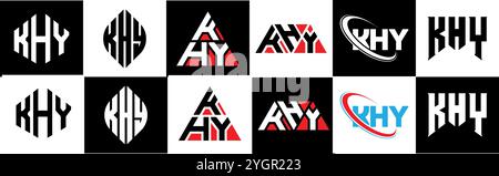 KHY letter logo design in six style. KHY polygon, circle, triangle, hexagon, flat and simple style with black and white color variation letter logo se Stock Vector