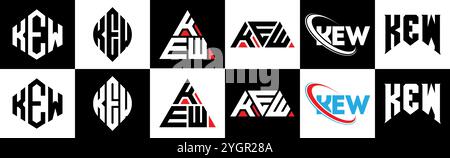 KEW letter logo design in six style. KEW polygon, circle, triangle, hexagon, flat and simple style with black and white color variation letter logo se Stock Vector