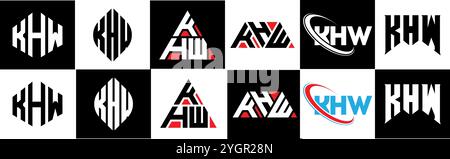 KHW letter logo design in six style. KHW polygon, circle, triangle, hexagon, flat and simple style with black and white color variation letter logo se Stock Vector
