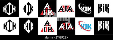 KIK letter logo design in six style. KIK polygon, circle, triangle, hexagon, flat and simple style with black and white color variation letter logo se Stock Vector
