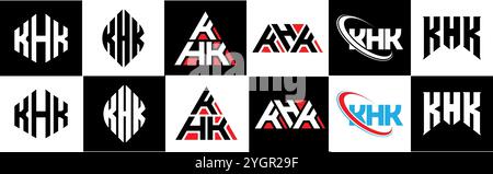 KHK letter logo design in six style. KHK polygon, circle, triangle, hexagon, flat and simple style with black and white color variation letter logo se Stock Vector