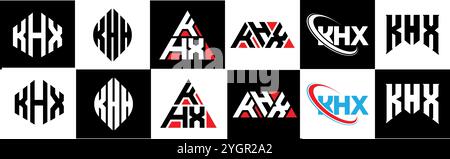 KHX letter logo design in six style. KHX polygon, circle, triangle, hexagon, flat and simple style with black and white color variation letter logo se Stock Vector