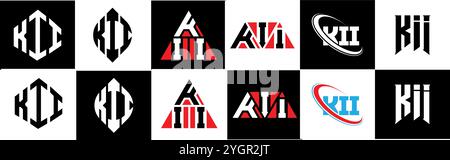 KII letter logo design in six style. KII polygon, circle, triangle, hexagon, flat and simple style with black and white color variation letter logo se Stock Vector