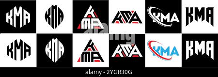 KMA letter logo design in six style. KMA polygon, circle, triangle, hexagon, flat and simple style with black and white color variation letter logo se Stock Vector
