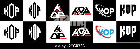 KOP letter logo design in six style. KOP polygon, circle, triangle, hexagon, flat and simple style with black and white color variation letter logo se Stock Vector