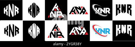 KNR letter logo design in six style. KNR polygon, circle, triangle, hexagon, flat and simple style with black and white color variation letter logo se Stock Vector