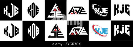 KJE letter logo design in six style. KJE polygon, circle, triangle, hexagon, flat and simple style with black and white color variation letter logo se Stock Vector