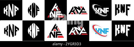 KNF letter logo design in six style. KNF polygon, circle, triangle, hexagon, flat and simple style with black and white color variation letter logo se Stock Vector
