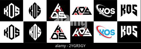 KOS letter logo design in six style. KOS polygon, circle, triangle, hexagon, flat and simple style with black and white color variation letter logo se Stock Vector